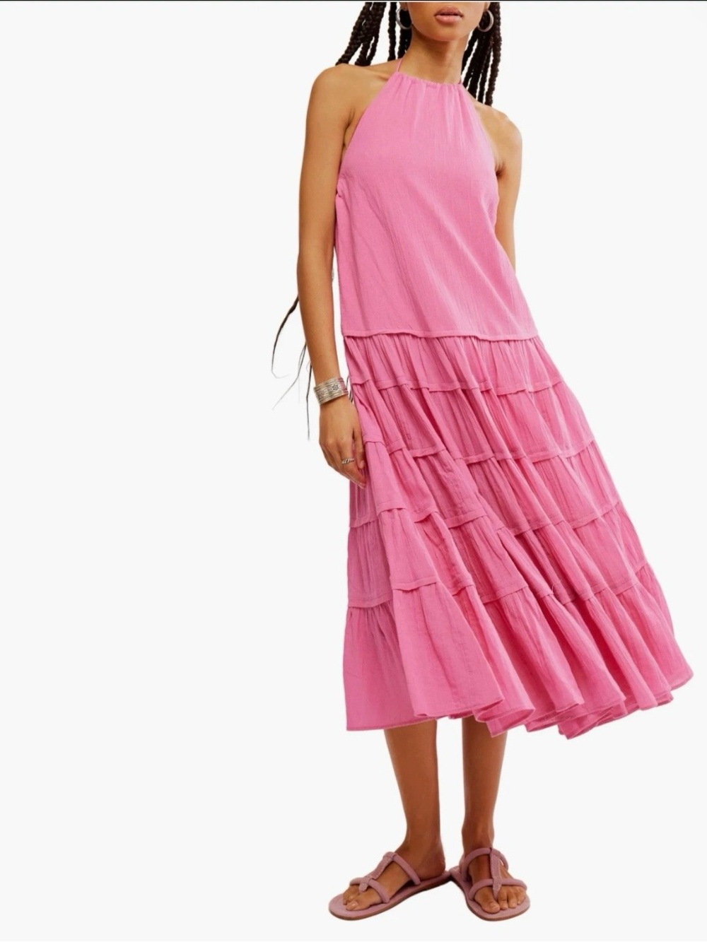 Free People Somewhere Sunny Open-Back Tiered Halter Midi Dress Size Medium NWT